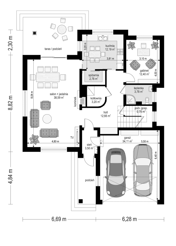 Rzut parteru POW. 124,0 m²
