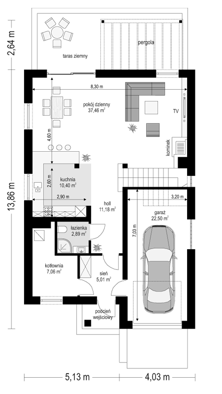 Rzut parteru POW. 96,5 m²