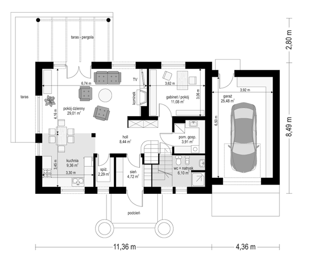 Rzut parteru POW. 100,4 m²