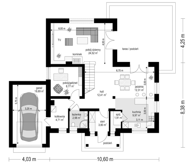 Rzut parteru POW. 100,1 m²