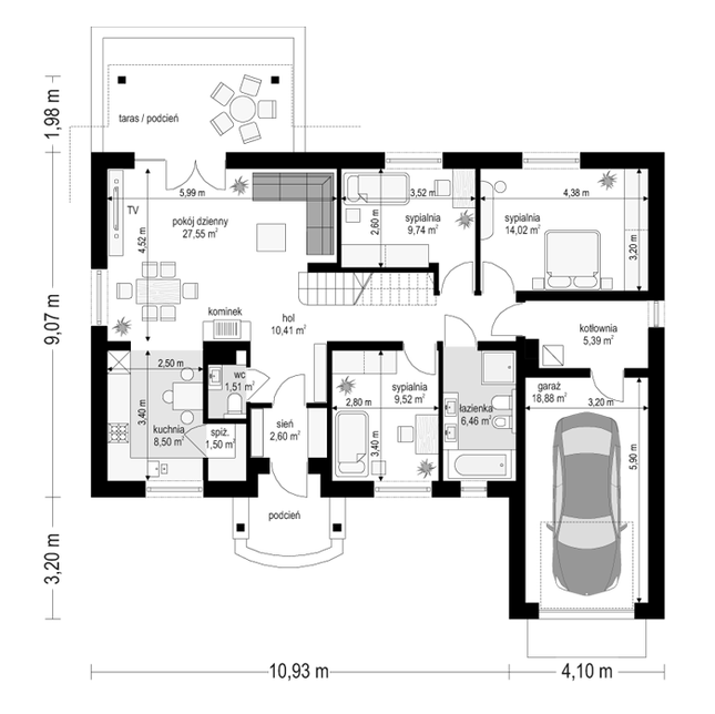 Rzut parteru POW. 116,1 m²