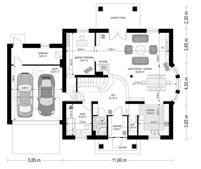 Rzut parteru POW. 159,4 m²