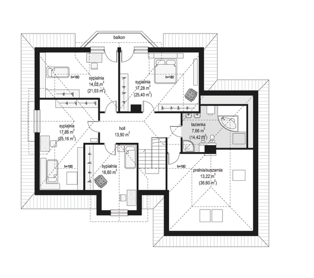 Rzut poddasza lustro POW. 153,3 m²