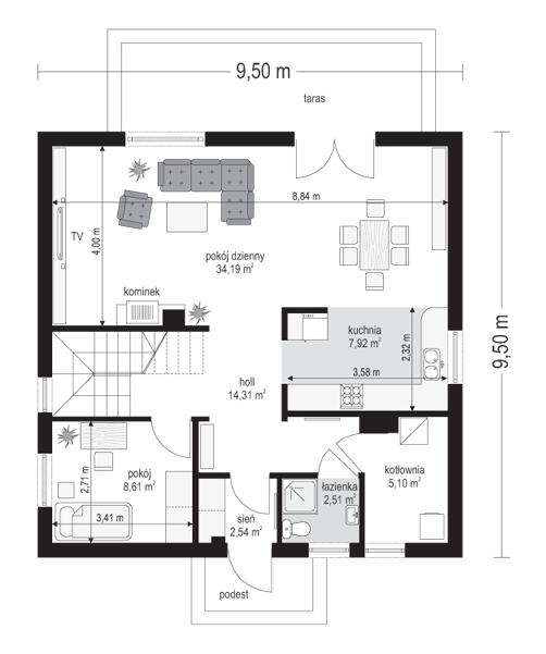 Rzut parteru POW. 75,2 m²