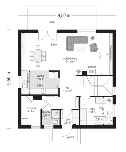 Rzut parteru lustro POW. 75,2 m²
