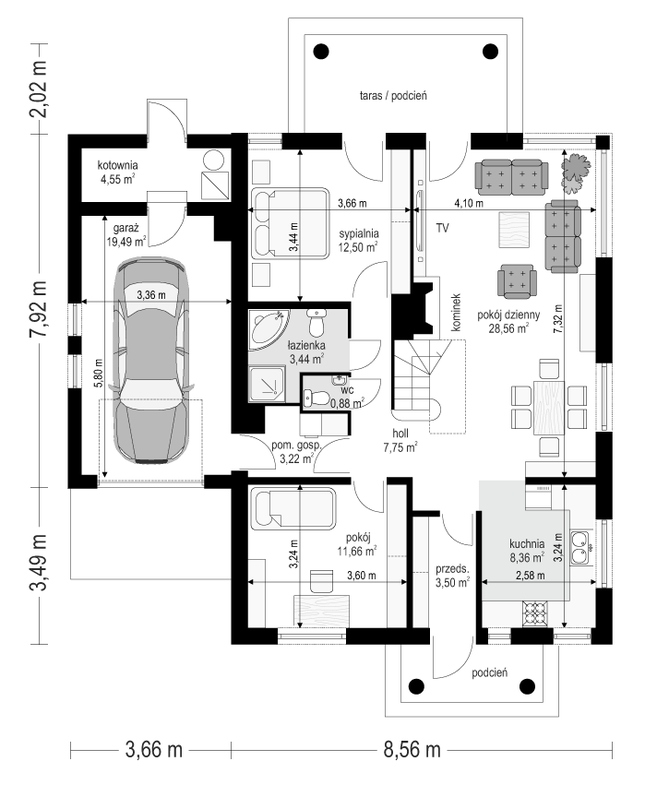 Rzut parteru POW. 103,9 m²