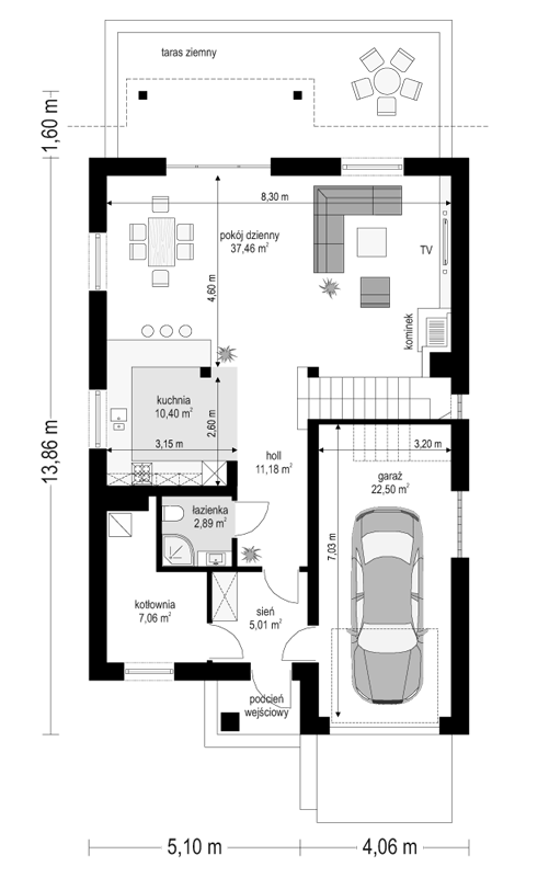 Rzut parteru POW. 96,5 m²