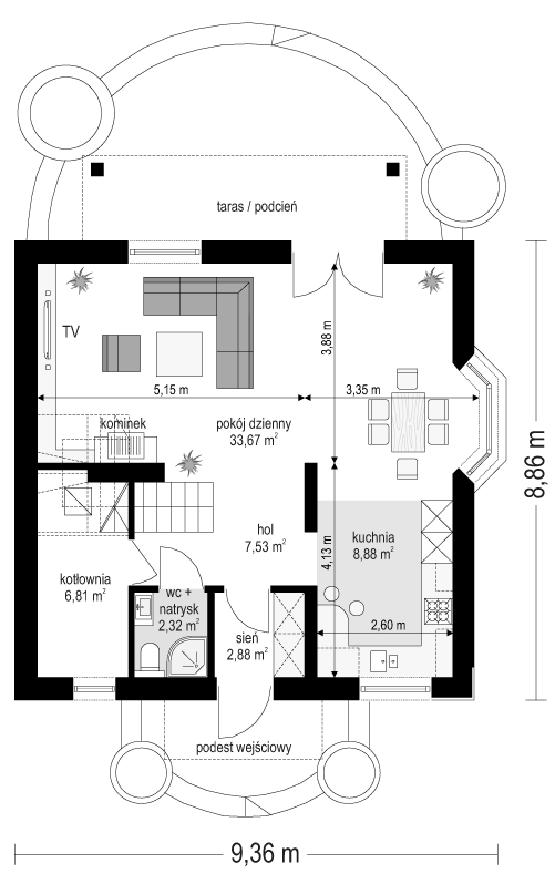 Rzut parteru POW. 62,1 m²