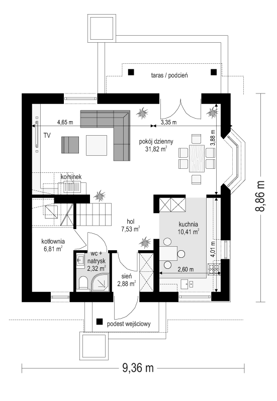 Rzut parteru POW. 61,8 m²