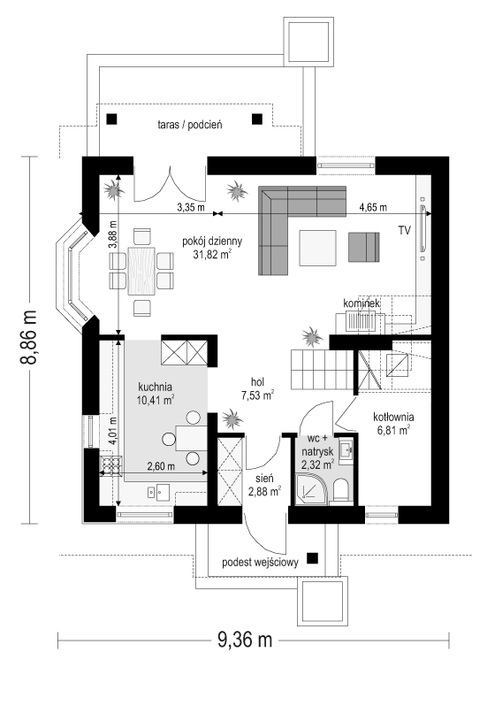 Rzut parteru lustro POW. 61,8 m²