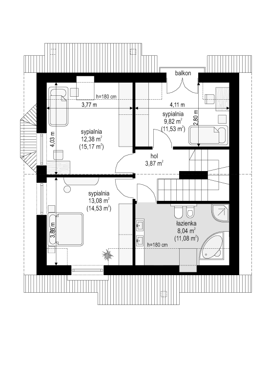 Rzut poddasza lustro POW. 56,2 m²