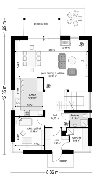 Rzut parteru POW. 91,9 m²
