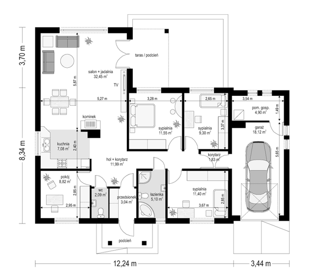 Rzut parteru POW. 127,7 m²