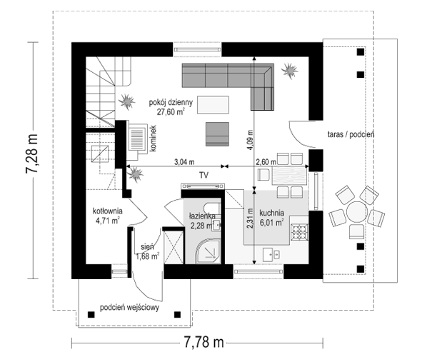 Rzut parteru POW. 42,3 m²