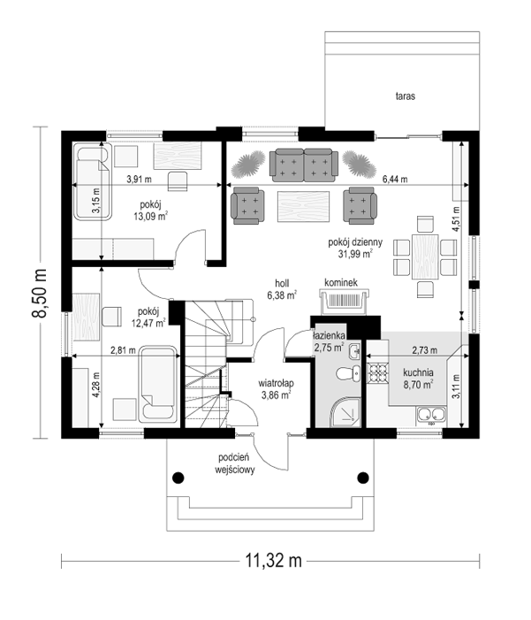Rzut parteru POW. 79,2 m²
