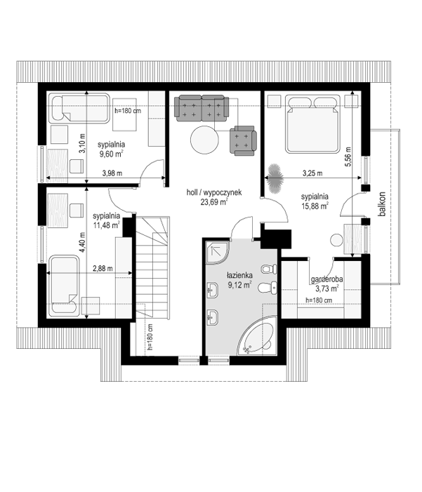 Rzut poddasza POW. 73,5 m²