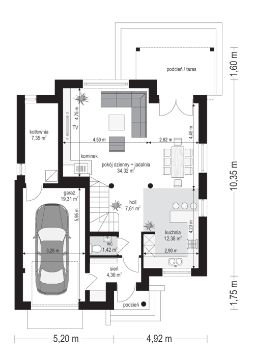 Rzut parteru POW. 86,8 m²