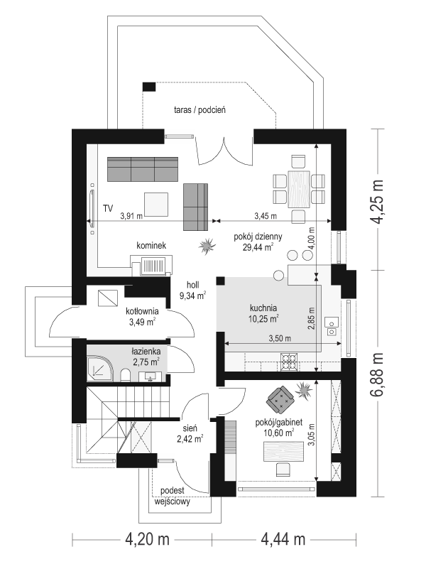 Rzut parteru POW. 68,3 m²