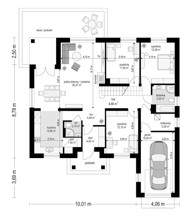 Rzut parteru POW. 132,8 m²