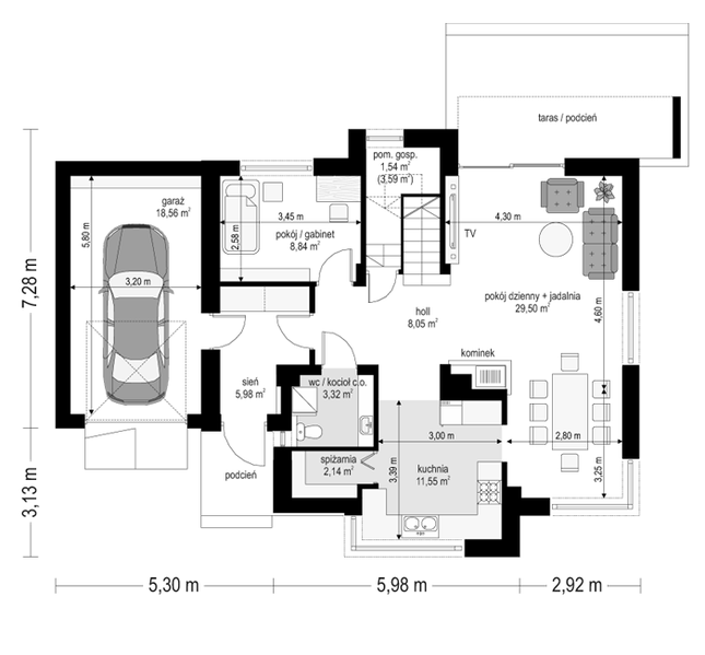 Rzut parteru POW. 91,5 m²