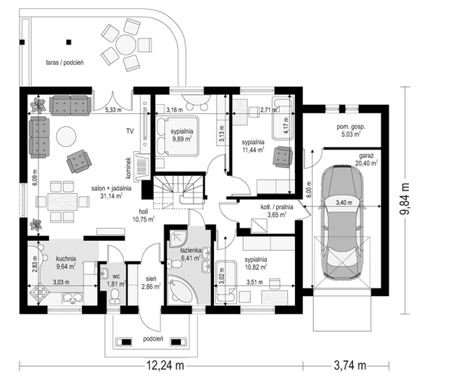 Rzut parteru POW. 123,8 m²