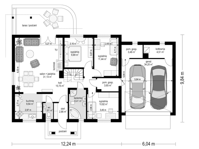 Rzut parteru POW. 140,6 m²