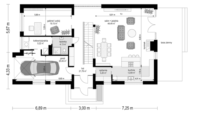 Rzut parteru POW. 131,1 m²