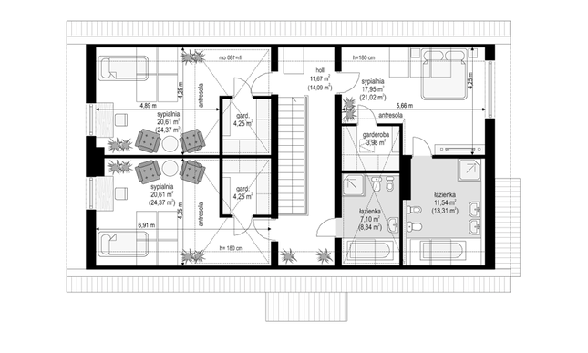 Rzut poddasza lustro POW. 118,0 m²