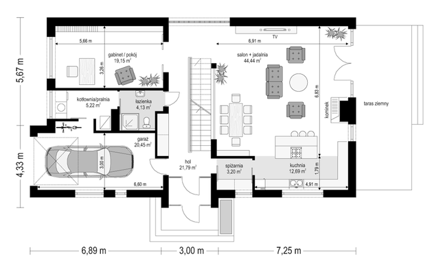 Rzut parteru POW. 131,1 m²
