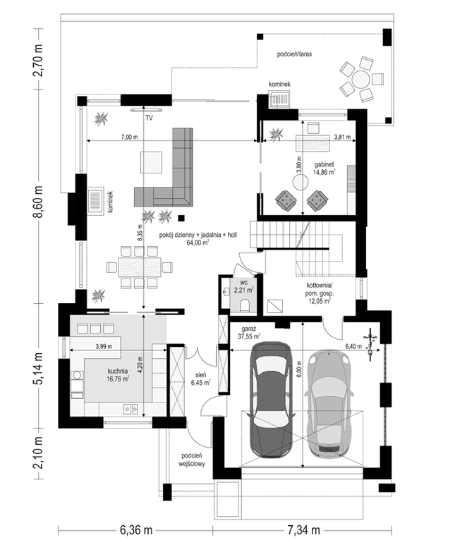 Rzut parteru POW. 153,9 m²