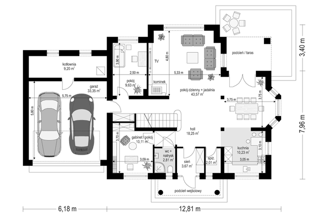 Rzut parteru POW. 142,8 m²