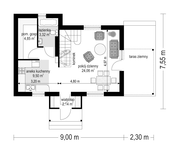 Rzut parteru POW. 43,9 m²