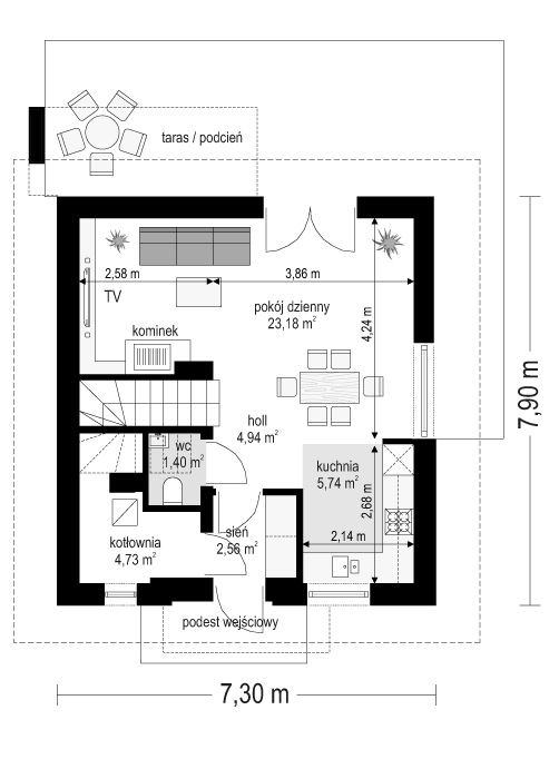 Rzut parteru POW. 42,6 m²