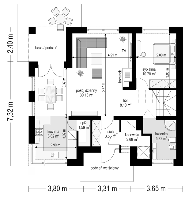 Rzut parteru POW. 71,8 m²