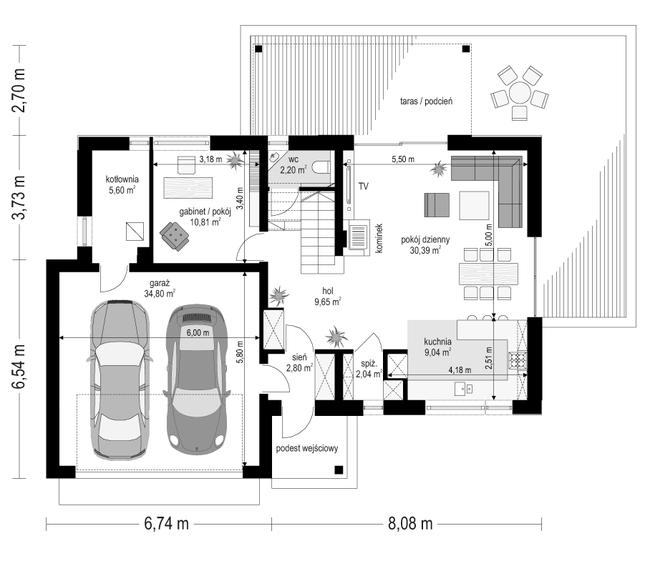 Rzut parteru POW. 107,3 m²