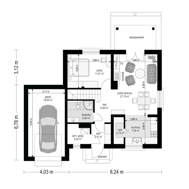Rzut parteru POW. 79,1 m²