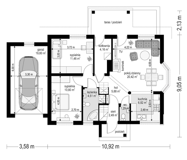 Rzut parteru POW. 87,6 m²