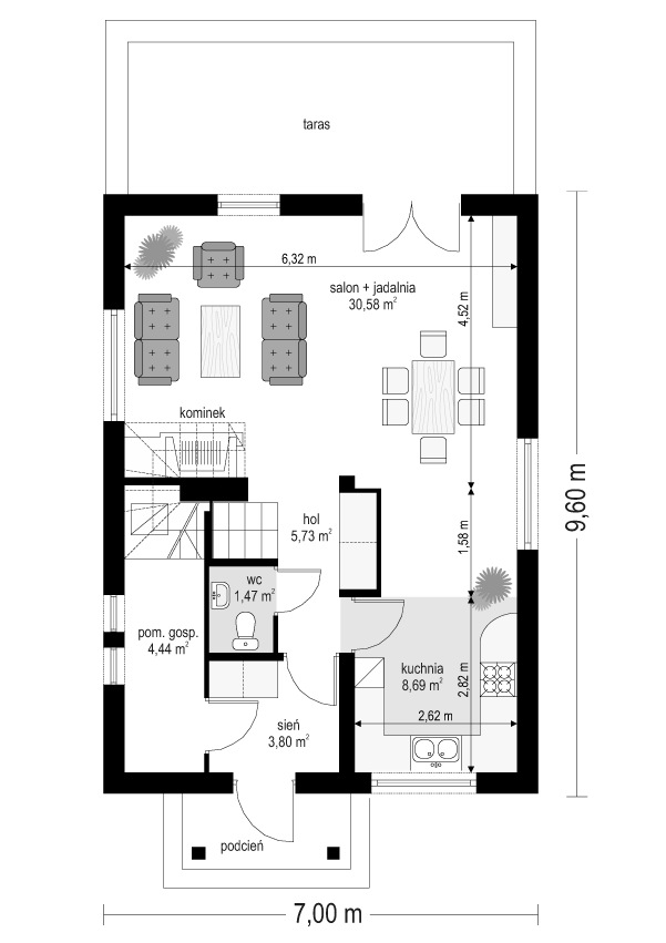 Rzut parteru POW. 54,7 m²