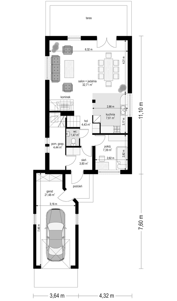 Rzut parteru POW. 83,3 m²