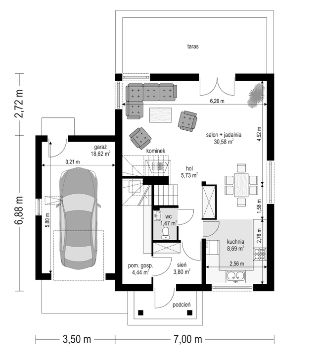 Rzut parteru POW. 73,3 m²