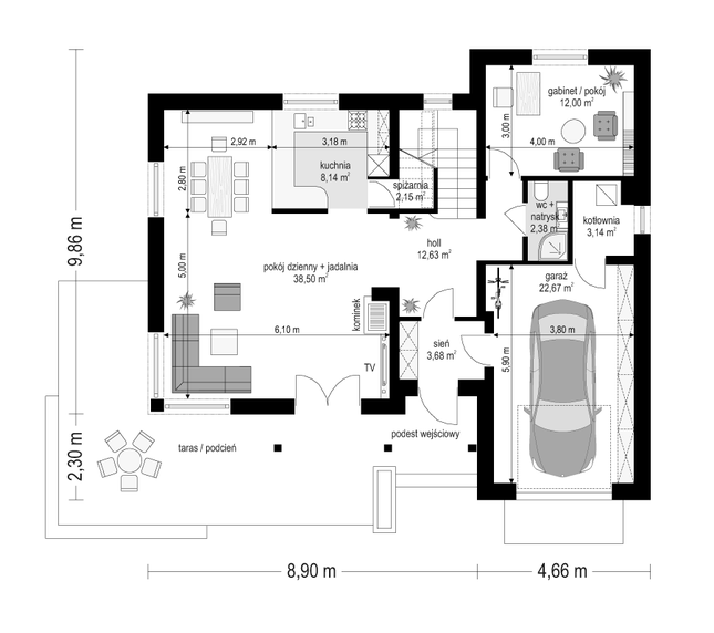 Rzut parteru POW. 105,3 m²