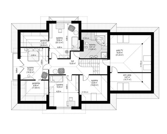 Rzut poddasza POW. 166,8 m²