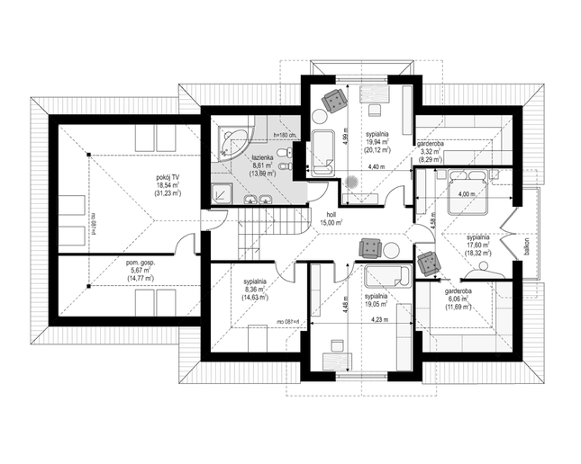 Rzut poddasza lustro POW. 166,8 m²