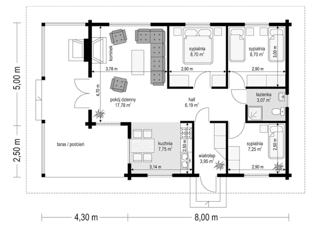 Rzut parteru POW. 63,4 m²