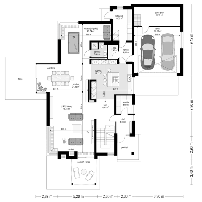 Rzut parteru POW. 220,4 m²