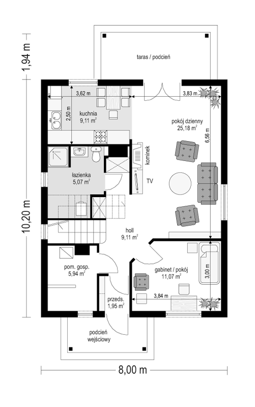 Rzut parteru POW. 67,4 m²