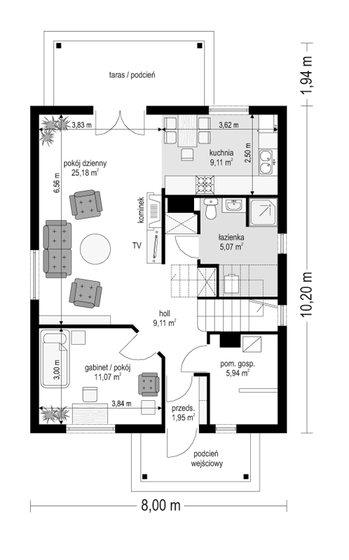 Rzut parteru lustro POW. 67,4 m²
