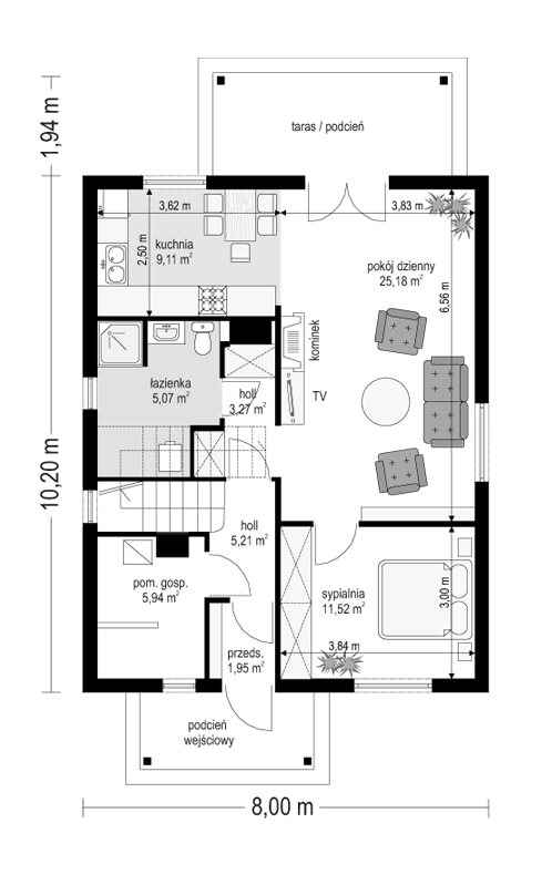 Rzut parteru POW. 67,3 m²