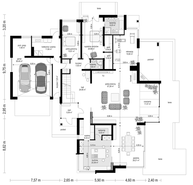 Rzut parteru POW. 303,4 m²