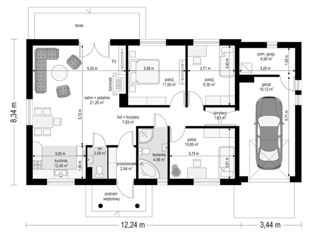 Rzut parteru POW. 107,6 m²